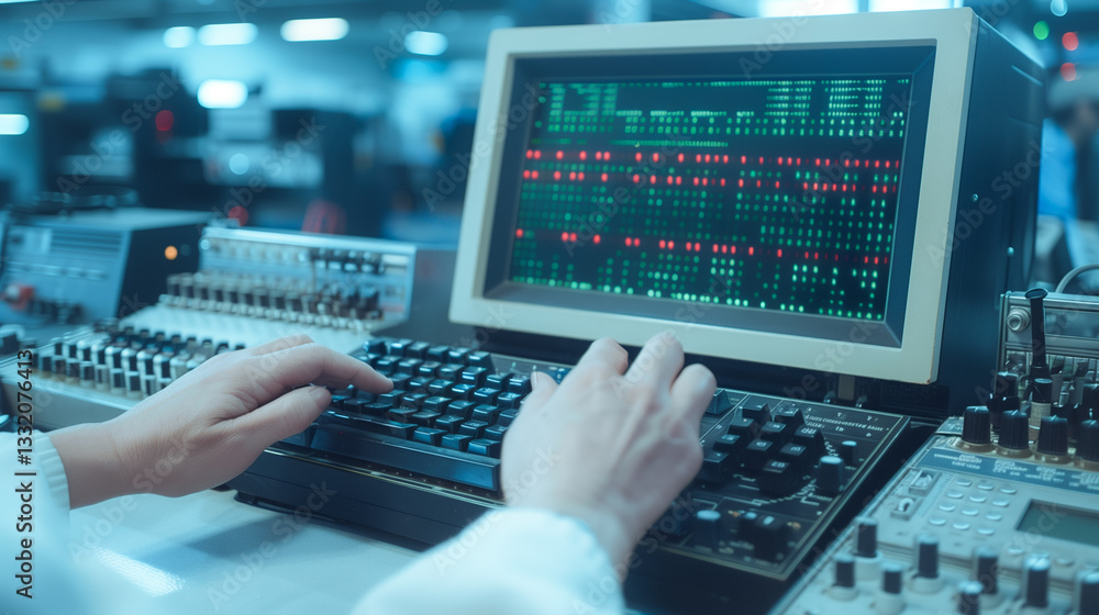 Poster code analysis: a researcher's hands poised over a vintage computer, the monitor displaying complex c