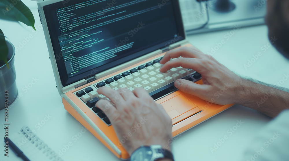 Poster coding excellence: a close-up shot of a professional coding, with illuminated screen displaying code