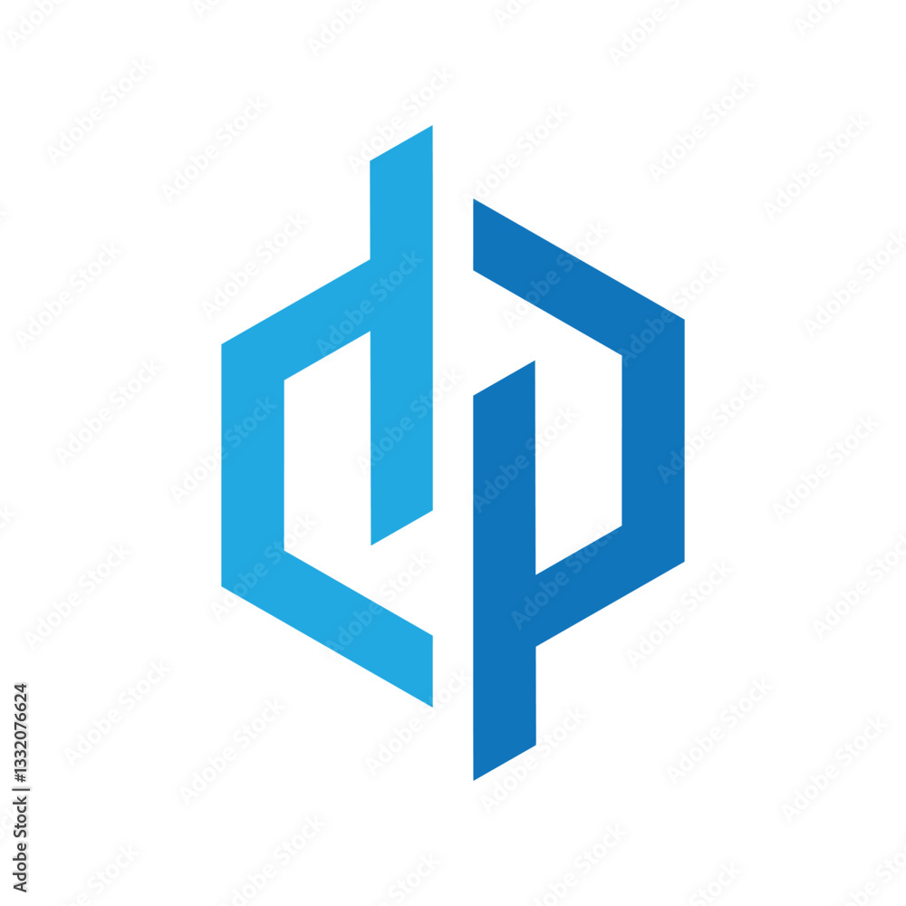 Aufkleber the image shows a flat logo design of an initial letter dp in blue color in hexagonal shape that loo