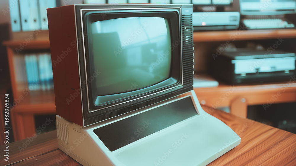 Poster retro tech: a vintage computer monitor with a nostalgic design, captured in a detailed, inviting set