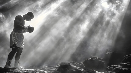 Obraz premium A Moment of Reflection: A powerful boxer, illuminated by a shaft of light, contemplates his gloves, evoking the intensity and focus of the sport.