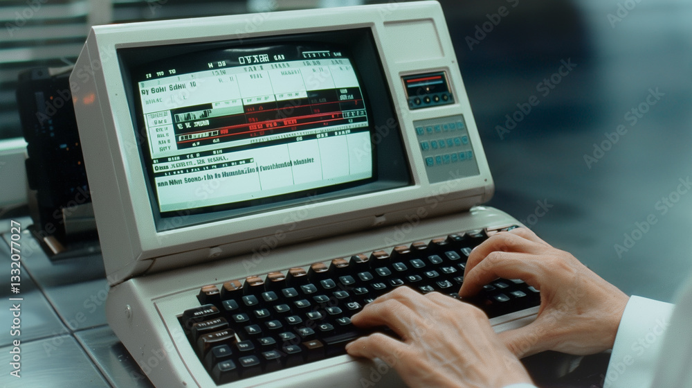 Poster typing on retro terminal: a close-up shot of a person's hands skillfully typing on a vintage compute