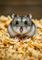 Cute fluffy hamster sitting on wood shavings looking curious and adorable