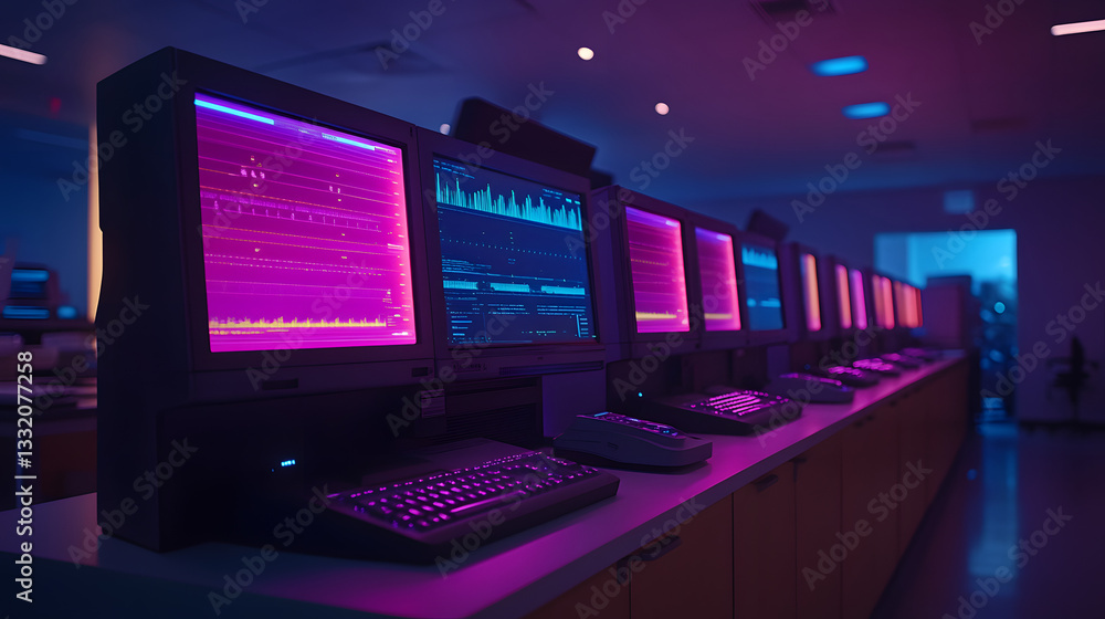 Poster data center neon: a row of vintage computer monitors illuminates a data center with vibrant neon lig