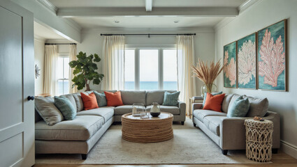 A coastal-themed living room with a large sectional sofa, a wicker coffee table, and ocean-inspired wall art, featuring light colors and natural textures.
