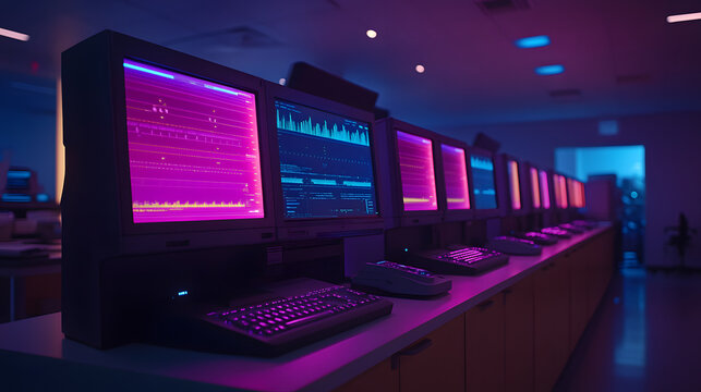 Data Center Neon: A row of vintage computer monitors illuminates a data center with vibrant neon lighting, hinting at the complex digital world within, embodying both nostalgia and modern technology. - Powered by Adobe