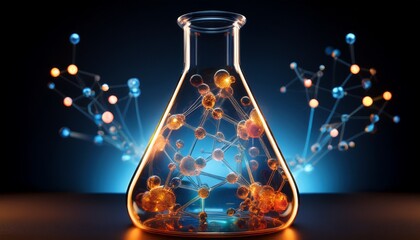 Mesmerizing high-detail visualization of molecules forming beautiful patterns inside a glass flask, highlighted by a dramatic burst of light emanating outwards. A scientific spectacle
