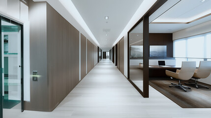 Modern Corporate Corridor: An expansive, contemporary corridor within a sleek office environment, showcasing modern design. It has symmetrical architecture and minimalist decor.