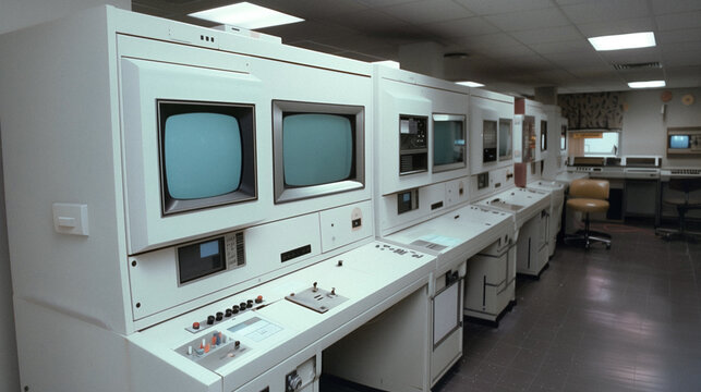 Vintage Computer Room: A view of a room filled with rows of classic, high-tech computer consoles and monitors.