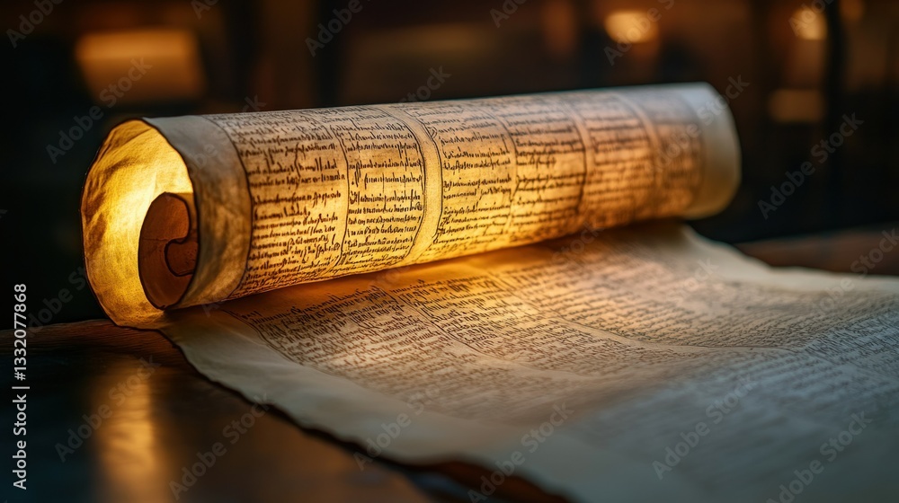 Poster an illuminated ancient parchment scroll lies open on a surface
