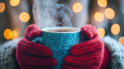 A hands holding a warm mug with steam, wrapped in knitted gloves