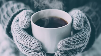 A hands holding a warm mug with steam, wrapped in knitted gloves