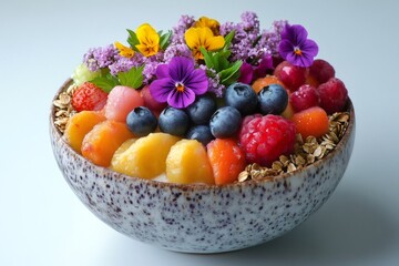 Delicious smoothie bowl decorated with fresh fruits and flowers