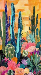 Colorful Cactus Landscape with Vibrant Flowers and Sunset Sky