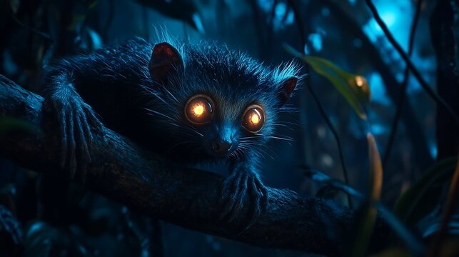 Mysterious aye aye gripping a jungle branch its large glowing eyes surveying the dark rainforest