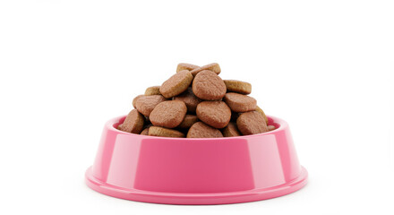 Pink dog bowl filled with dry kibble isolated on white background