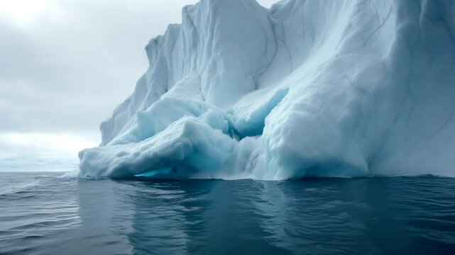 A massive iceberg breaks apart, crashing into the sea water below, symbolizing climate change and global warming.