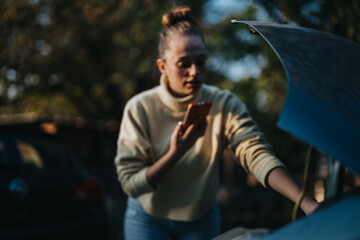 A woman in casual attire inspects her car engine with the hood open. She is using a smart phone, likely seeking help for a malfunction. The setting conveys urgency and everyday challenges.