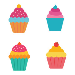 Set of cute cupcakes and cakes with chocolate, cream, and cherry toppings in a pink, sweet, and fun party design