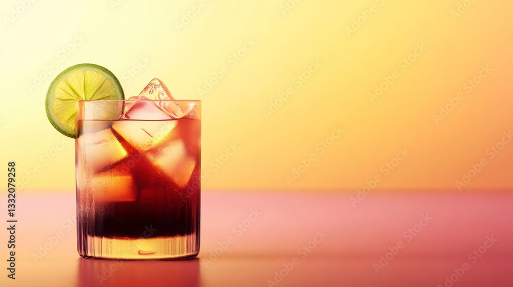 Poster refreshing cocktail with ice cubes and lime slice on a vibrant background