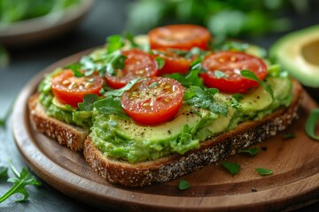 Healthy avocado toast garnished with fresh tomatoes and arugula