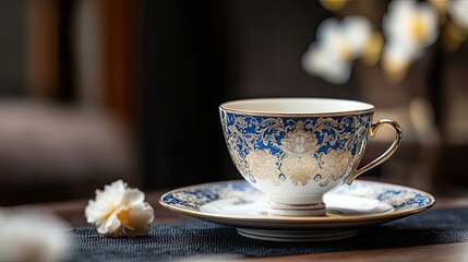 Fototapeta premium Elegant Blue and Gold Porcelain Teacup and Saucer Set on Dark Table with Flower