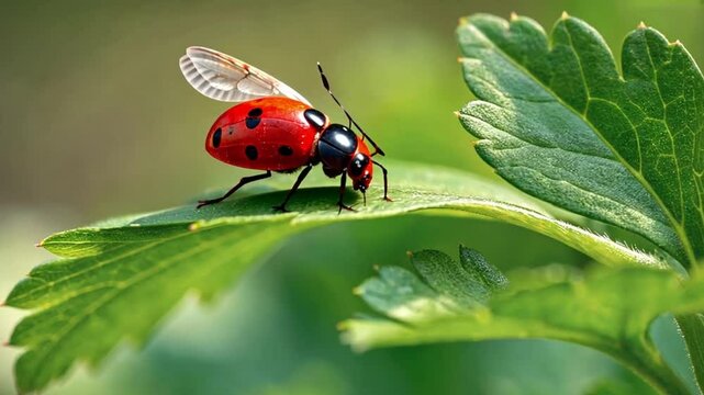 Ladybug on Leaf: A vibrant ladybug, showcasing its iconic red shell with black spots, delicately perched on a lush green leaf with wings extended.
