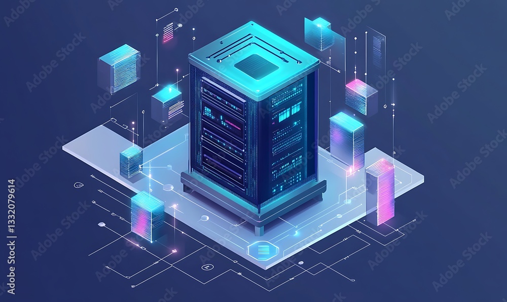 Poster technology isometric infographic design for quantum computer. blockchain server concept, server room