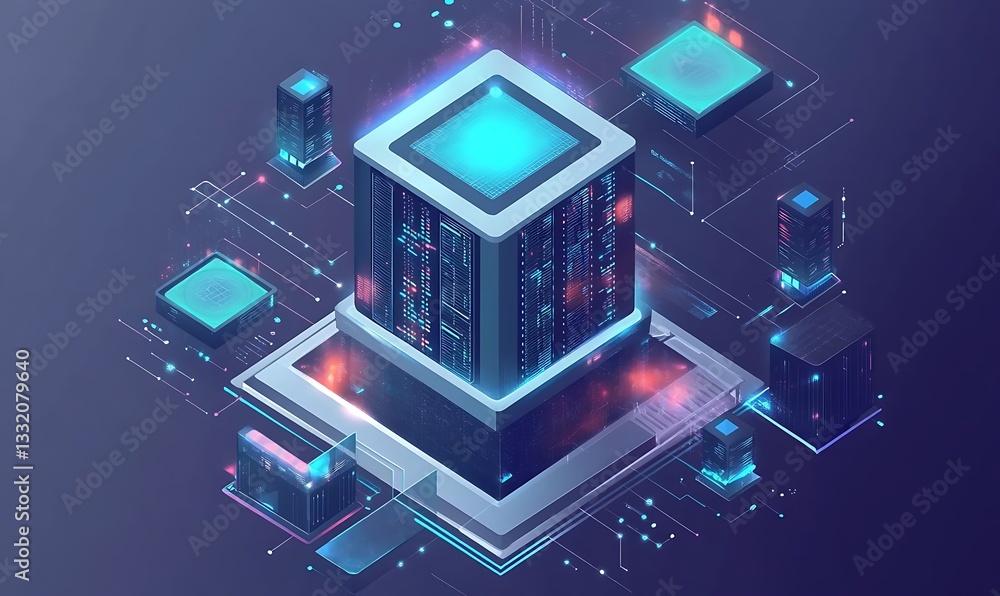Aufkleber technology isometric infographic design for quantum computer. blockchain server concept, server room