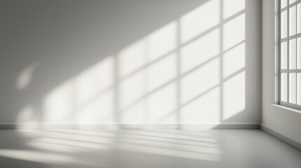 a bright empty room with sunlight and shadows from a window creating a geometric pattern. This image evokes a sense of emptiness, light, and clean