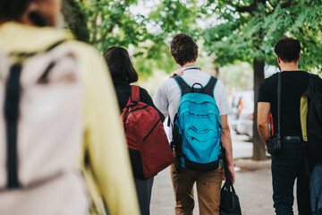 A group of friends wearing backpacks walk together on a tree-lined sidewalk, enjoying a sunny day...