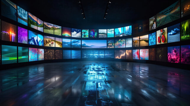 Digital mosaic of countless video screens illuminating a dark space, showcasing diverse content in a mesmerizing display of modern media