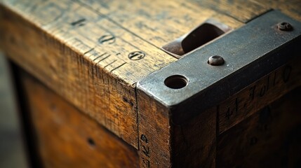 Close up of a weathered wooden box with metal brackets