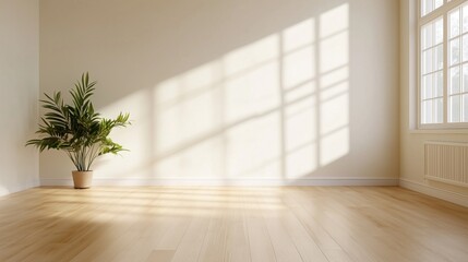 a bright and airy interior room, featuring a plant and a window with sunlight streaming through. The room has hardwood floors and soft-colored walls
