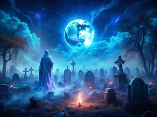 Obraz premium Spooky Graveyard Blue Moon Long Exposure - Haunted Cemetery Stock Photo