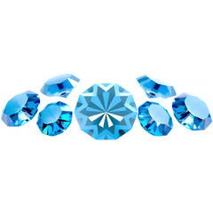 A collection of sparkling blue gemstones arranged in a decorative pattern, showcasing their brilliance and facets.