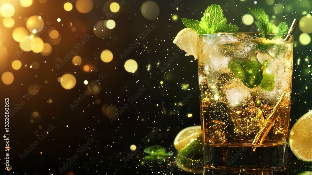 Poster refreshing mojito cocktail with lime and mint on a sparkling background