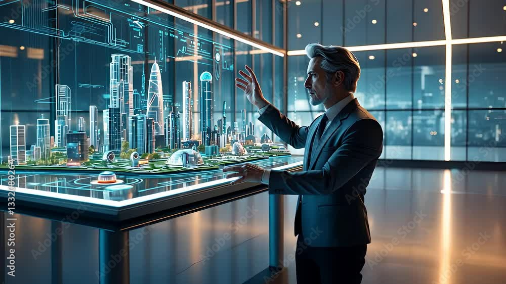 Poster futuristic urban planner using augmented reality to design a smart city model with digital holograph