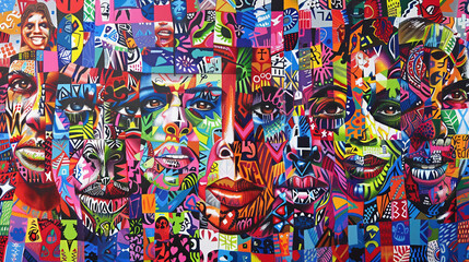 Fototapeta premium collage of diverse faces, each with a unique hairstyle and expression, set against a backdrop of geometric patterns in various colors