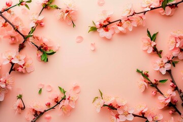 Elegant mockup featuring blooming sakura branches with delicate pink flowers on a soft pastel background. 