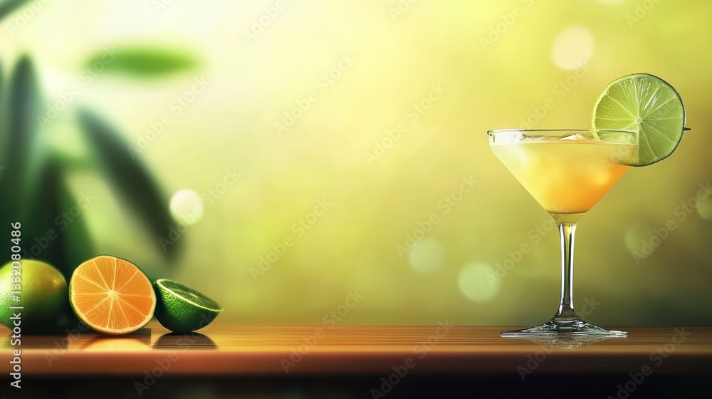 Poster refreshing lime cocktail served on wooden table with bokeh background