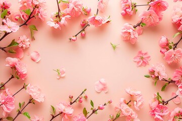 Fototapeta premium Elegant mockup featuring blooming sakura branches with delicate pink flowers on a soft pastel background. 