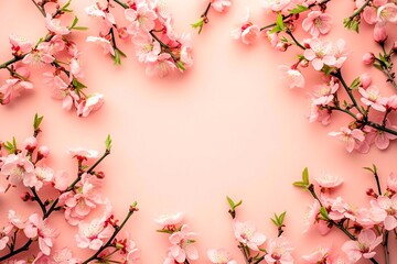 Fototapeta premium Elegant mockup featuring blooming sakura branches with delicate pink flowers on a soft pastel background. 