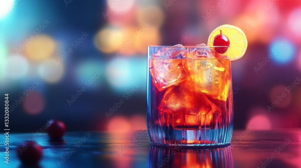 Poster refreshing cocktail with ice cherry and orange slice in bar setting