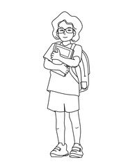 Line art illustration of a young girl ready for her first day of school, with a neat uniform and colorful backpack. Ideal for a children's coloring page
