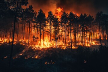 European forest engulfed in flames as wildfire spreads rapidly through trees and underbrush Generative AI