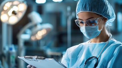 Focused Surgeon Reviewing Medical Charts in Hospital Operating Room