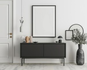 Modern hallway interior with black console table. white walls. and a blank picture frame