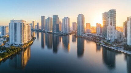 Obraz premium Modern skyscrapers reflect on calm water in a city at sunrise