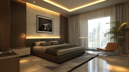 Fototapeta premium A modern bedroom design with a painting hanging on the wall behind.